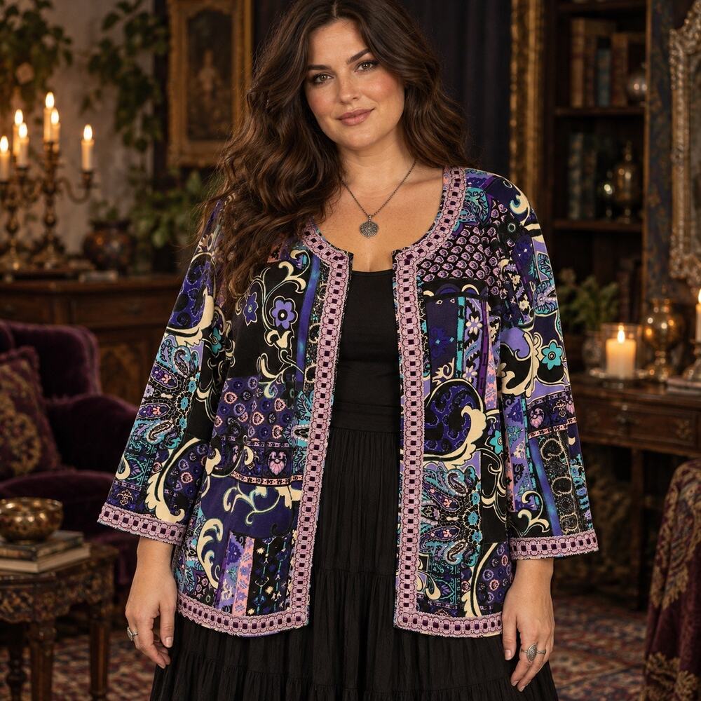 Joan Rivers Lace Trim Floral Jacket Sz XL Whimsigoth Romantic Boho Artsy Open